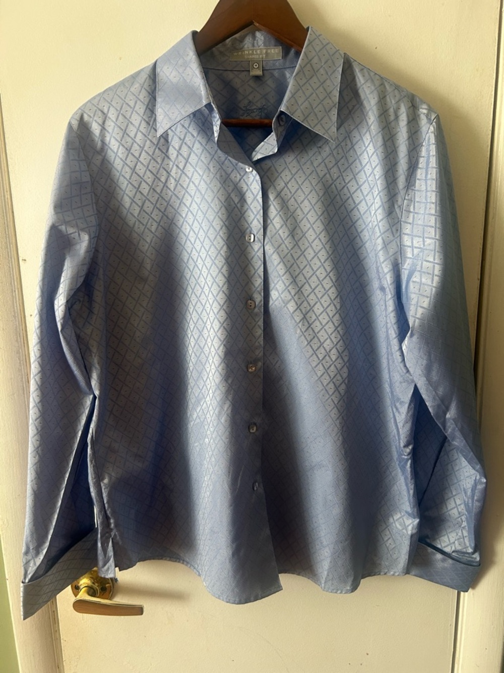 Foxcroft Wrinkle Free Shaped Fit Blue Geometric Button Up Blouse Size 14